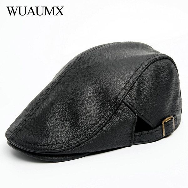 

berets simple genuine leather for men peaked cap spring autumn cowskin hat duckbill male, Blue;gray