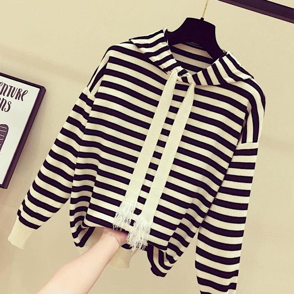 

women's hoodies & sweatshirts women striped long sleeved jacket, korean version 2021 style hooded autumn bottoming sweater office lady, Black