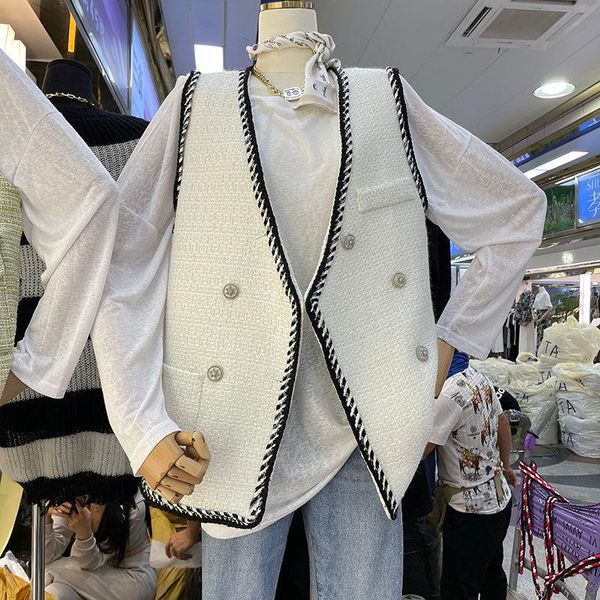 

women's vests women 2021 spring autumn fashion v-neck sleeveless plaid tweed knitted vest office lady casual clothes female chic waistc, Black;white