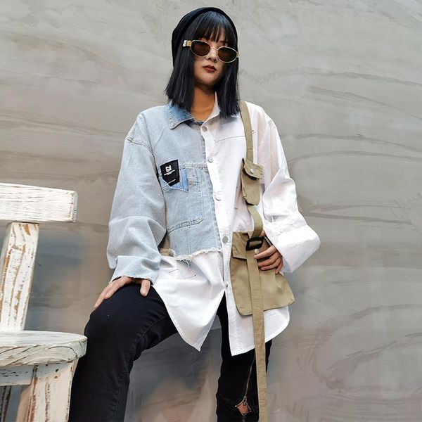 

women's jackets 2021 autumn shirt sense of design niche denim stitching contrast loose and versatile long sleeve white, Black;brown