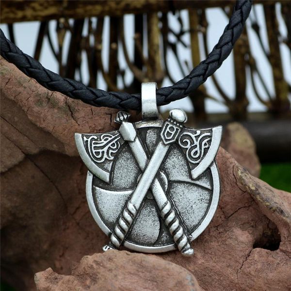 

norse viking leather cord necklace men' retro jewelry double headed axe amulet symbol slavic punk vintage women's pendant gifts ne, Silver