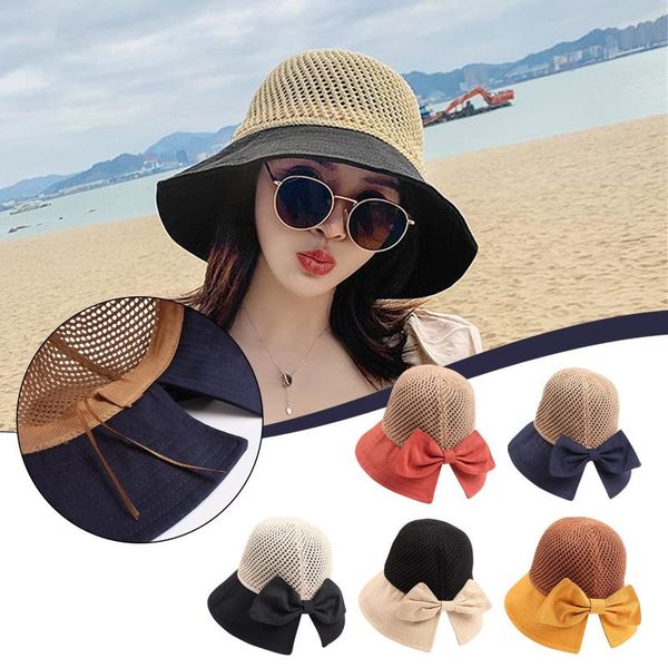 

wide brim hats summer female sun big classic bowknot foldable fashion bucket hat casual outdoor beach cap for women uv protected, Blue;gray