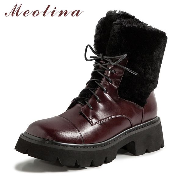 Meotina Натуральная кожаная платформа MID пятки короткие сапоги женские мотоциклетные сапоги обувь на шнуровке коренастые каблуки теплые лодыжки Black 210520