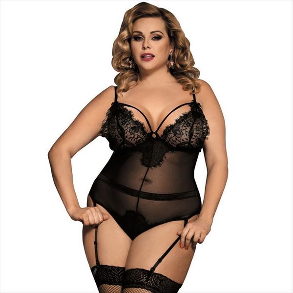 

body feminino transparent lace women jumpsuit bodysuit plus size  5xl clubwear romper with garter rs80266, Black;white