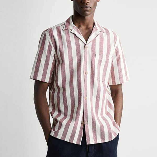 

men's casual shirts bmurhmza 2021 fashion button-up cotton and linen blended stripes blouses vintage lapel collar short sleeve, White;black