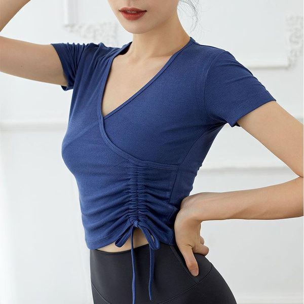

yoga outfit chrleisure slim t shirt women v neck drawstring running short sleeve breathable quick dry casual top