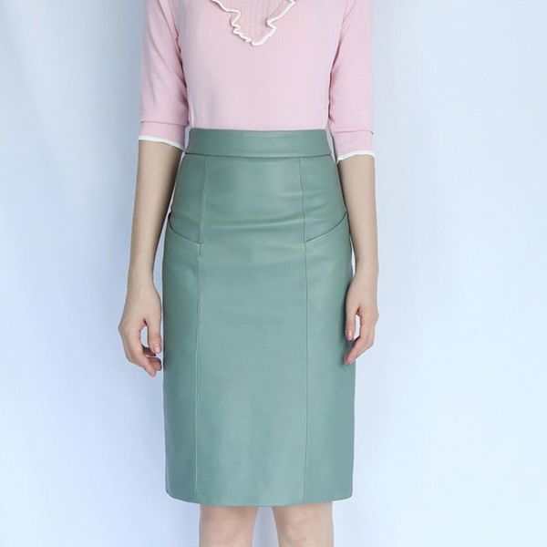 

skirts ol winter genuine leather midi long wrap skirt ladies elegant jupe mujer saia slim fit sheepskin pencil, Black