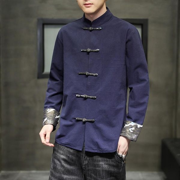 

ethnic clothing 2021 spring men shirt chinese style linen long sleeves asian clothes tang suit mandarin collar 31112, Red