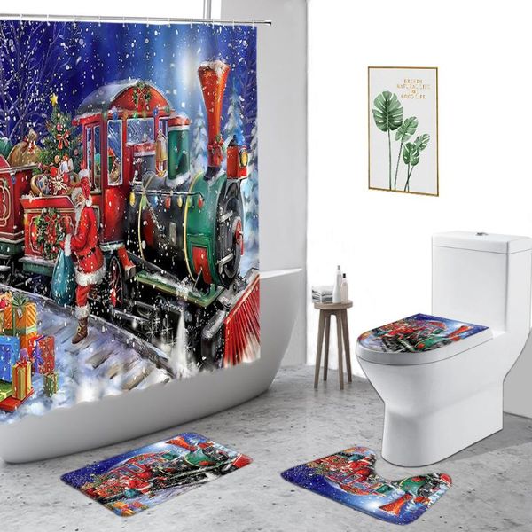 

shower curtains merry christmas curtain 4pcs set santa claus train gift child holiday decor hanging and bath mat toilet cover rug