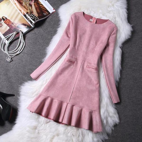 

casual dresses women's slim fishtail dress female autumn winter long-sleeved ruffled suede stitching knee-length dressfemale pack hip x, Black;gray