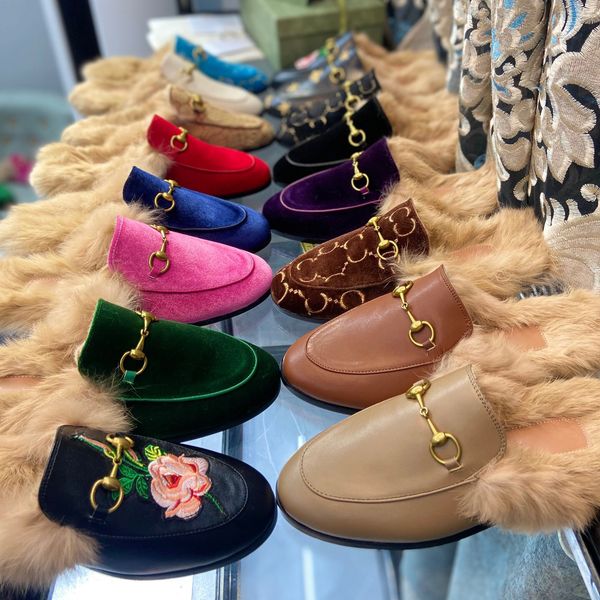 

women princetown loafers autumn winter warm wool slippers classic metal buckle embroidery sandals men leather half slipper pattern slides, Black