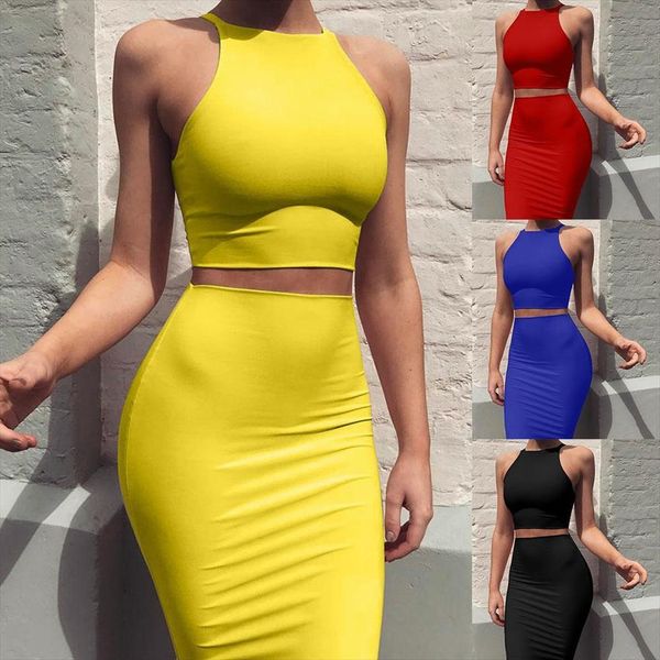 

sales2pcs solid color sleeveless women skirts crop high waist knee length bodycon skirt wholesale dropshipping, Black