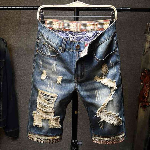 Sommer Herren Ripped Short Jeans Streetwear Big Hole Mode Vintage Blue Slim Denim Shorts Markenkleidung 210806