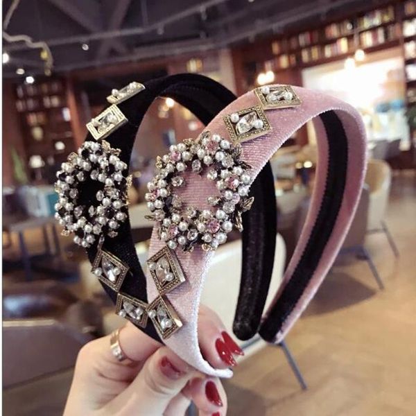 

korean style of ins vintage retro rhinestone pearl hair hoop wide gold velvet headband female drop headbands accessories