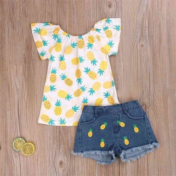 

summer girls clothing set pineapple outfits kids fashion toddler children sleeveless + demin shorts 18m to 8 years 210326, White