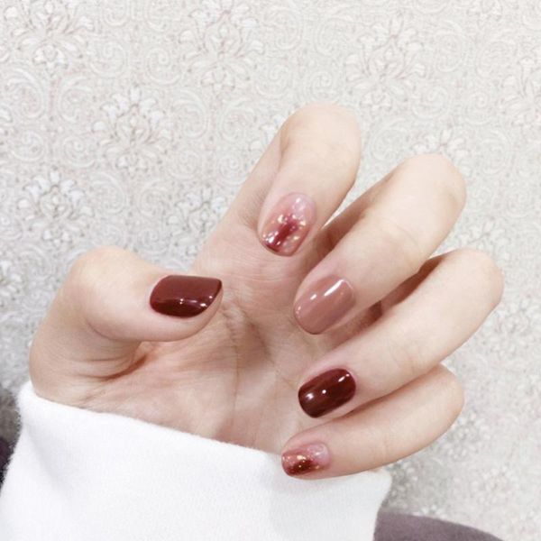 

24pcs/box natural false easy remove nail tips diy fashion cover artificial professional fake acrylic short type manicure1, Red;gold