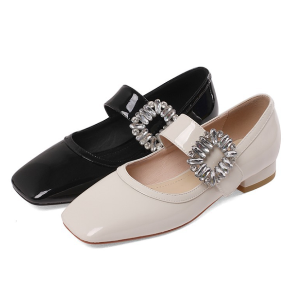 

dress shoes 2021 style rhinestone all-leather small single women patent leather low-heeled square toe temperament sh, Black