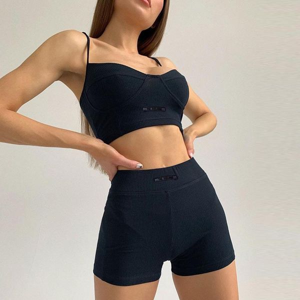 

women's tracksuits summer casual women two piece set fitness gym tank sportswear sling skinny crop elastic waist shorts tracksuit 2021, Gray