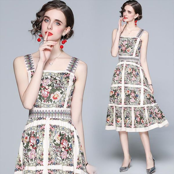 

designer summer womens dress runway spaghetti strap square collar backless floral print holiday midi, Black;gray
