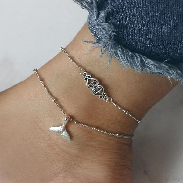 

anklets double layer mermaid heart bracelets female bohemian ancient silver color alloy wedding gifts, Red;blue