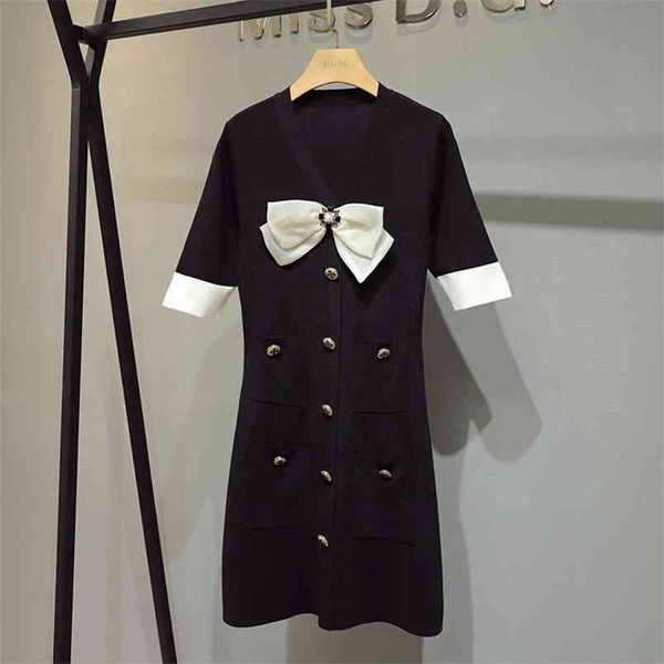 

bow button knitted summer dress vintage mini vestidos korean elegant black casual party ropa mujer robes 210514, Black;gray