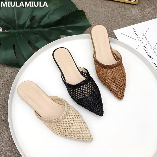 

slippers miulamiula brand designers 2021 summer fashion hallow pointed toe cane flat slip on loafers mules flip flops 35-40, Black