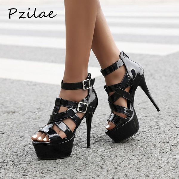 

pzilae summer gladiator sandals women platform high heels shoes ladies open toe dress club party 13cm, Black