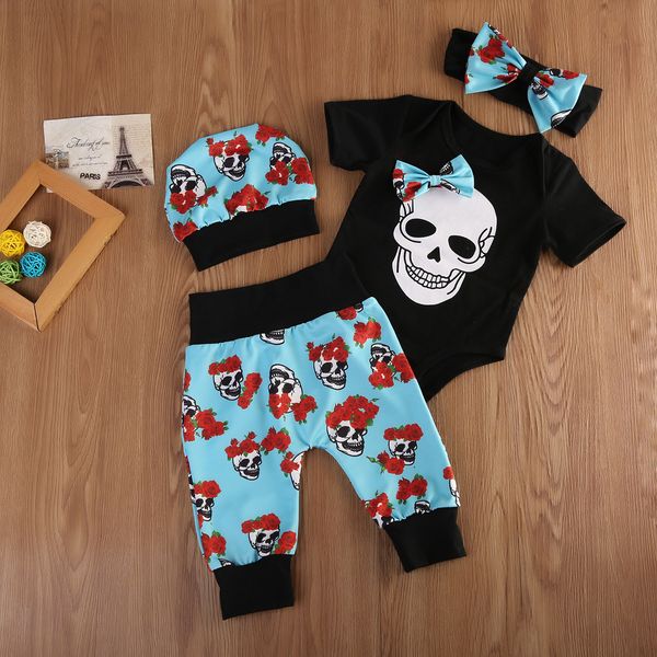 

skull print bodysuit +patterned pants +hat and headband 4pcs set for baby boy and girl clothes, White
