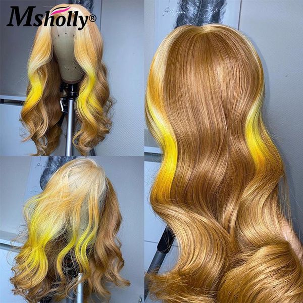 

4x4 closure wig ombre honey blonde highlight colored lace front human hair wigs body wave remy glueless brazilian for women, Black;brown