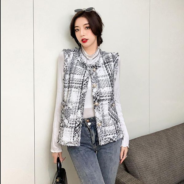 

women's vests woman waistcoat jacket stitching tassel o-neck sleeveless tweed vest all-match, Black;white