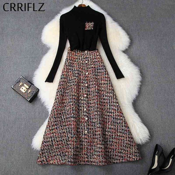 

winter women set full sleeve turtlenck pullover tweed retro big swing skirt 2 piece elegant slim patry dress 210520, White