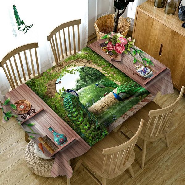 

table cloth 3d green peacock tablecloth wooden frame grass round cover washable fabric home decoration gift rectangular