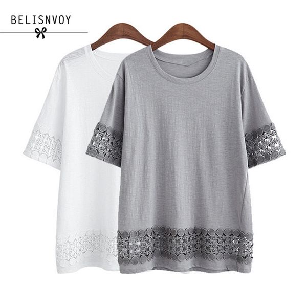 

summer women t-shirt o-neck casual loose lace crochet embroidery hollow out tee shirt blusas big size 210520, White