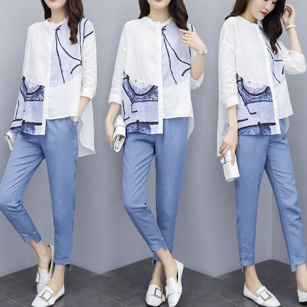 

women's tracksuits female office suit set asymmetrical print shirts +irregular long pants summer casual costumes 2 piece sets, Gray