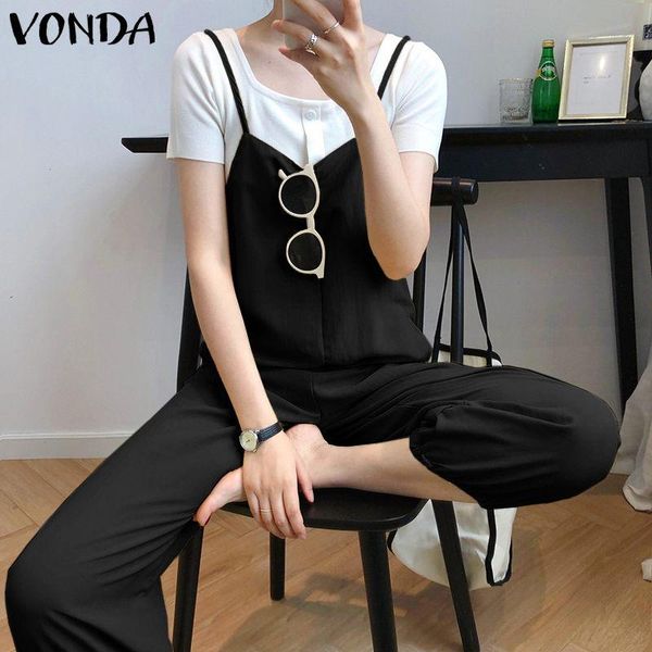 

fashion solid rompers vonda women summer sleeveless jumpsuit casual pants long trousers suspenders vintage overalls femme s-5xl women's, Black;white