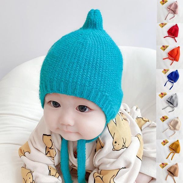 

winter cute baby bonnet hat warm knitted kids girl boy autumn solid color lacing children toddler beanie kid cap 10 colors1, Yellow