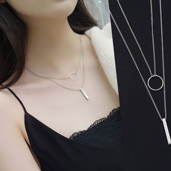 

personality geometric small vertical stick circle double layer necklace femininity simple exquisite collar chain, Silver