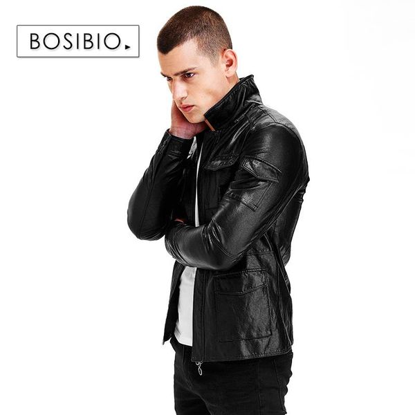 

men's jackets bosibio fashion mens leather jacket slim fit with pockets spring autumn male black motorcycle arrival 9209, Black;brown