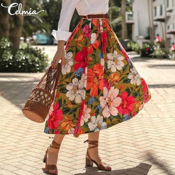 

skirt celmia 2021 fashion floral printed midi skirts women vintage a-line high waist long casual loose pleated holiday skirt 5xl, Black