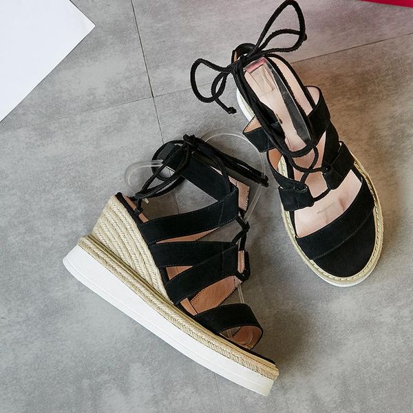 

women's genuine suede leather wedge platform lace-up sandals brand designer open toe summer high heel leisure sandalias shoes, Black
