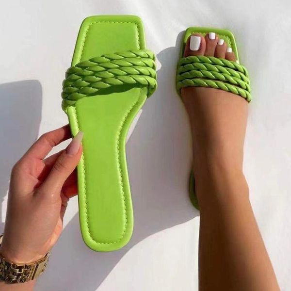 

slippers 2021 women weave solid female casual square toe sewingslides ladies summer beach fashion comfort flat big size, Black