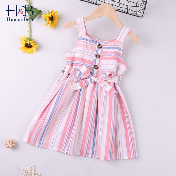 

humor bear summer girls sling dress sleeveless striped printed bow belt princess toddler kids clothes girl's dresses, Red;yellow