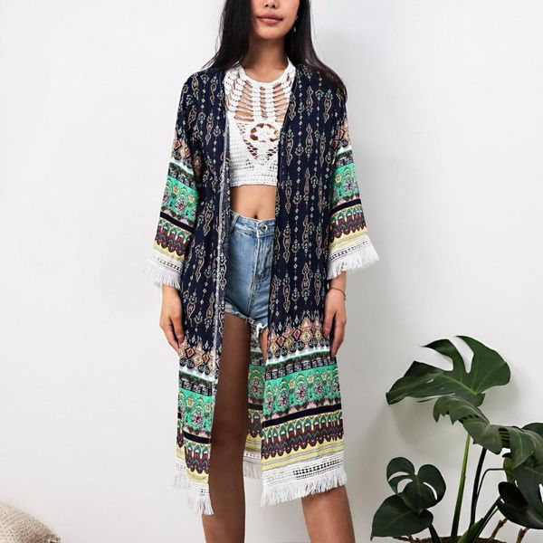 

tassel long kimono enthic print loose cardigan summer coat fashion casual beachwear holiday beach blouse green 2021 women's swimwear, White;black