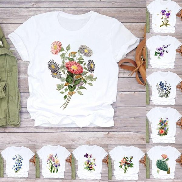 

women's t-shirt flower pattern printed tight waist t shirt women plus size regular o-neck casual daily wear femme ete vestido robe, White