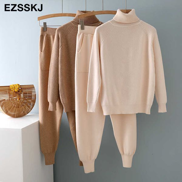 

2 pieces set women knitted tracksuit turtleneck sweater + harem pants pullover chic outwear sweater suit 210930, White