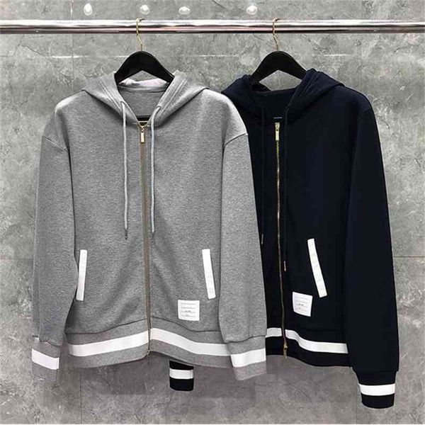

t shirt fashion tb thom brand hooded clothing striped cotton jacket men sweatshirts hoodies casual sportswear spring autumn coat, White;black