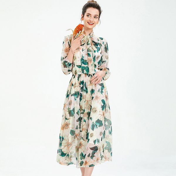 

women's runway dresses lace up bow collar 3/4 sleeves floral printed fashion mid dress vestidos, Black