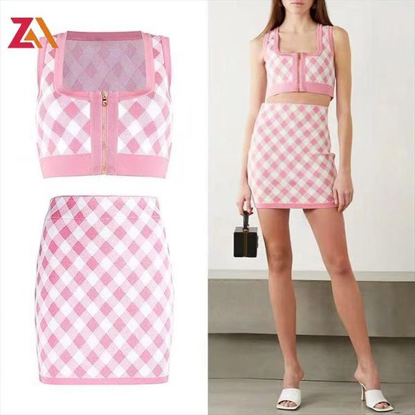 

zalady celebrity square collar womens tracksuits pink plaid knitted zipper short tank and mini skirts suit summer two, Gray