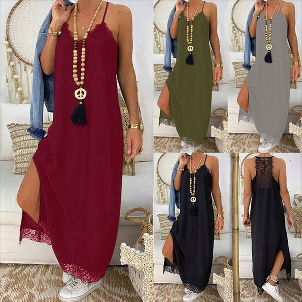 

leosoxs fashion casual solid womens dresses lace patch work midi summer spaghetti straps deep v neck split vestidos, Black;gray