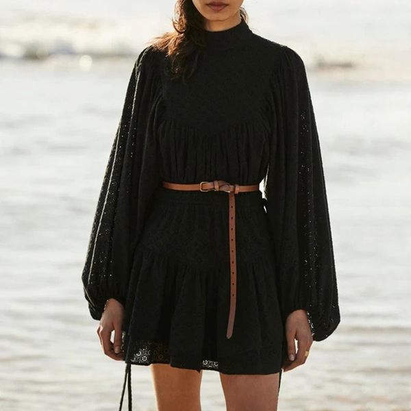 

casual dresses 2021 stand up collar solid color printing hollow lantern sleeve drawstring lace fashionable a-line mini dress women's w, Black;gray